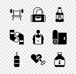 Set Bench with barbell, Sport bag, Vitamins, Punching, Dumbbell heart, Sports nutrition, Socks and Bodybuilder icon. Vector