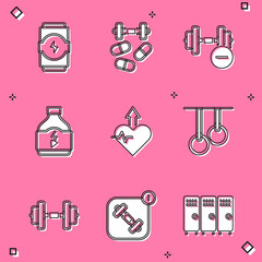 Set Energy drink, Sports doping with dumbbell, Dumbbell, nutrition, Heartbeat increase, Gymnastic rings, and Fitness app icon. Vector
