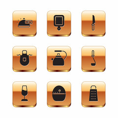 Set Covered with tray of food, Wine glass, Kitchen timer, Kettle handle, apron, Knife, Grater and Cutting board icon. Vector