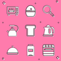 Set Microwave oven, Kitchen timer, Frying pan, Kettle with handle, Bread toast, Electric kettle, Covered tray of food and Jam jar icon. Vector