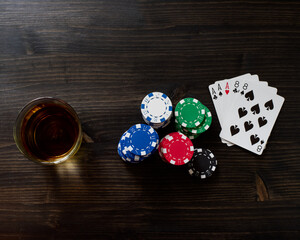 Top view of a poker game and cards