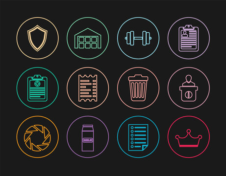 Set line Crown, Information desk, Dumbbell, Paper financial check, Clinical record, Shield, Trash can and Warehouse icon. Vector
