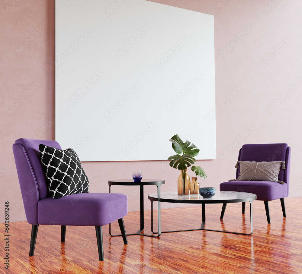 Poster modern living room interior with two chairs, two coffee tables and big canvas picture mock up. clipp