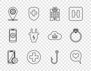 Set line Setting on smartphone, Heart speech bubble, Medical hospital building, cross circle, location with, Electric plug, Fishing hook and Diamond engagement ring icon. Vector