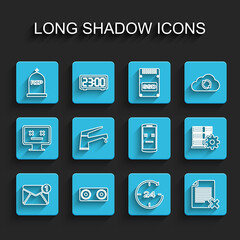 Set line New, email incoming message, Stereo speaker, Tombstone with RIP written, Clock 24 hours, Delete file document, Water tap, Server setting and Dead mobile icon. Vector