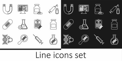 Set line DNA research, search, Medicine bottle, and pills, Bioengineering, Bandage plaster, Magnet, Clipboard with analysis and Clinical record on monitor icon. Vector