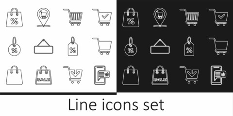 Set line Mobile and shopping basket, Shopping cart, Signboard hanging, Discount percent tag, bag with, and Location icon. Vector