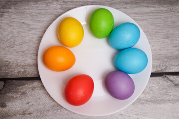 Happy Easter. Multicolored eggs on a white plate. All the colors of the rainbow.