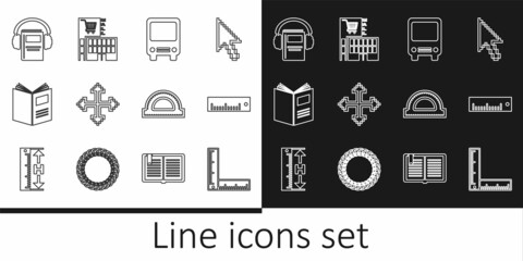 Set line Folding ruler, Ruler, Bus, Pixel arrows four directions, Open book, Audio, Protractor grid and Mall supermarket building icon. Vector