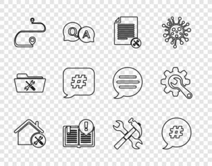 Set line House service, Hashtag speech bubble, File document, Interesting facts, Route location, Crossed hammer and wrench and Wrench gear icon. Vector