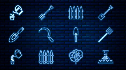Set line Automatic irrigation sprinklers, Garden pitchfork, fence, Sickle, trowel spade shovel, Watering can, and icon. Vector