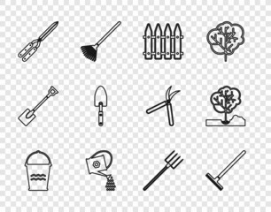 Fototapeta premium Set line Bucket, Garden rake, fence, Watering can, Gardening handmade scissor, trowel spade shovel, pitchfork and Planting tree the ground icon. Vector