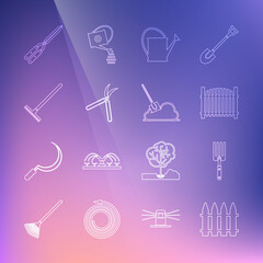 Set line Garden fence, fork, Watering can, Gardening handmade scissor, rake, and Shovel the ground icon. Vector