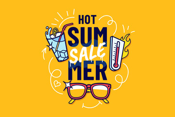 Hot Summer Sale creative illustration with lettering, cocktail, sunglasses and thermometer. Summer time promo banner with doodle design elements. Ideal for print, flyer, poster. Vector illustration.