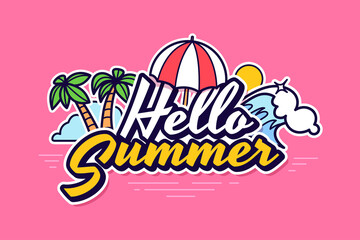 Hello Summer banner design with lettering on background of beach umbrella, palm trees and sea waves. Summer time vacation. Ideal for season sale, travel promo, party invitation. Vector illustration.