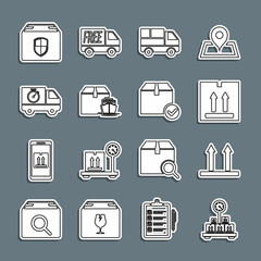Set line Scale with cardboard box, This side up, Cardboard traffic, Delivery truck boxes, Cargo ship, and stopwatch, security shield and Package check mark icon. Vector