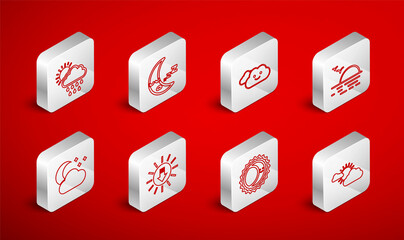 Set line Sun and cloud weather, Moon icon, Cloud, Sunset, Eclipse of sun, with rain, and moon stars icon. Vector