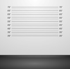 Vector illustration room with police mugshot background. Police lineup background with inch scale. Police mugshot board template.