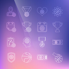 Set line Hand with basketball ball, Basketball game ticket, Award cup, Heart, on sport calendar, player and icon. Vector
