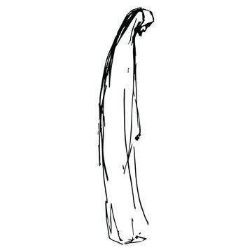 recommend clip art: Standing bearded man in long robe. Biblical figure. Apostle or disciple. Hand drawn linear rough sketch. Black silhouette on white background.