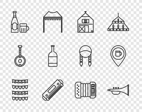 Set line Carnival garland with flags, Musical instrument trumpet, Farm House, Harmonica, Beer bottle glass, Accordion and Alcohol beer bar location icon. Vector
