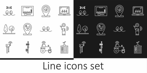 Set line Smart farming technology, Location and tree, Chicken location, Trees, with drone, Plant and Incubator for eggs icon. Vector