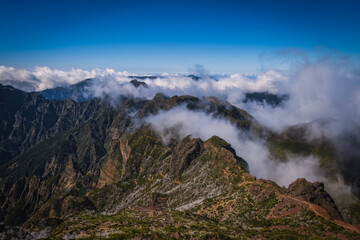 View from Pico Ruivo peak towards the refuge and Achada do Teixeira area on Madeira island of Portugal. October 2021