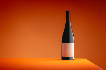 Bottle of wine on a red table on a red background. The concept of minimalism. Poster for advertising. Place for text
