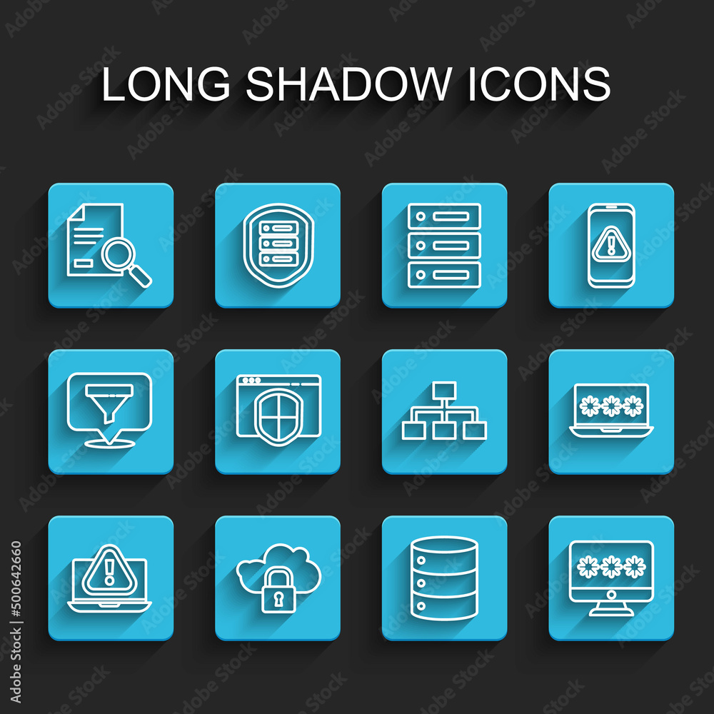 Poster set line laptop with exclamation mark, cloud computing lock, document search, server, data, web host