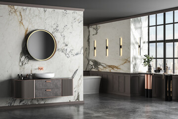 Modern luxury bathroom, white marble walls, bathtub, concrete floor, indoor plants, side view. Beautiful room with modern furniture and window. 3d rendering