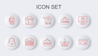 Set line Credit card, Handbag, Add to Shopping cart, basket, POS terminal with credit, building or market store, open and Hanging sign Sale icon. Vector