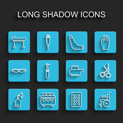 Set line Medical oxygen mask, Test tube and flask, Stretcher, Pills in blister pack, Wheelchair for disabled person, Tooth drill, scissors and Bedpan icon. Vector