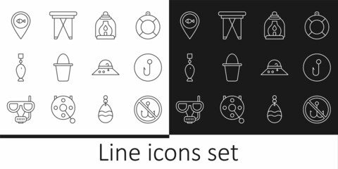 Set line No fishing, Fishing hook, Camping lantern, bucket, spoon, Location, Fisherman hat and Folding chair icon. Vector