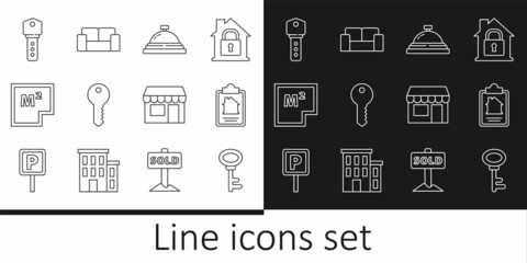 Set line House key, contract, Hotel service bell, plan, Market store and Sofa icon. Vector