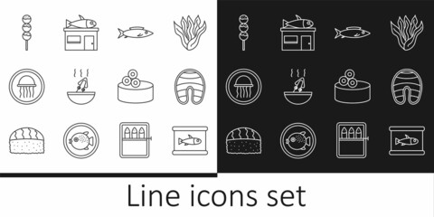 Set line Canned fish, Fish steak, Soup with octopus, Jellyfish on plate, Takoyaki stick, Tin can caviar and Seafood store icon. Vector