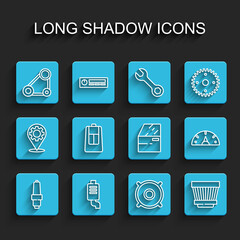 Set line Car spark plug, muffler, Timing belt kit, audio speaker, air filter, key with remote, Speedometer and door icon. Vector