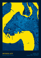 City Mykolaiv Ukraine Vector Poster Highly Detailed Map In Patriotic National Yellow Blue Flag Colors. City Transport System Cartography Includes Grouped Map Features Buildings Roads And Water Objects