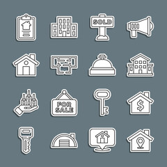 Set line Location with house, House dollar symbol, Hanging sign text Sold, plan, contract and Hotel service bell icon. Vector