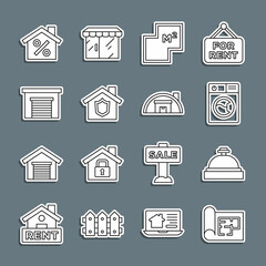 Set line House plan, Hotel service bell, Washer, with shield, Garage, percant discount and Warehouse icon. Vector