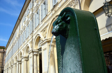 Turin, Piedmont, Italy - The Toret, traditional public water fountain with green bull shape, symbol...