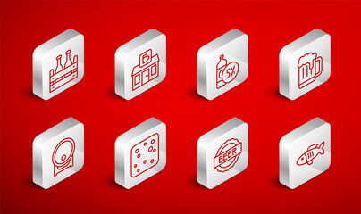 Set line Dried fish, Store building of beer shop, Beer bottle, Wooden mug, Bottle cap with, Pack bottles, bubbles and barrel on rack icon. Vector