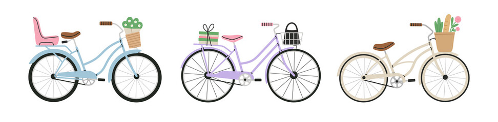Set with bicycles. Vintage bike with bag and books in a basket, bike with seat for baby, bike with shopper and flowers. City lifestyle concept. For posters, greeting card etc. Cute vector illustration