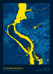 City Zaporizhzhia Ukraine Vector Poster Highly Detailed Map In Patriotic National Yellow Blue Colors. City Transport System Cartography Includes Grouped Map Features Buildings Roads And Water Objects