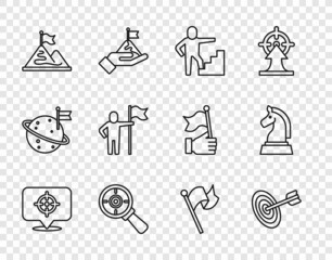 Set line Target, Stair with finish flag, magnifying glass, Mountains, Man holding, Flag and Chess icon. Vector