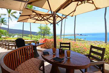 View from restaurant overlooking Hulopoe Bay on a sunny summer day on Lanai Island in Hawaii