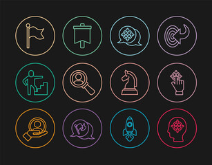Set line Head hunting, Target, Magnifying glass for search, Stair with finish flag, Flag, Chess and icon. Vector