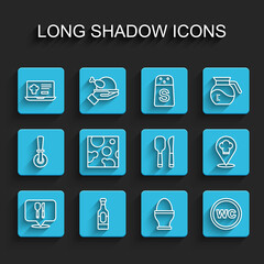 Set line Cafe and restaurant location, Wine bottle, Online ordering delivery, Chicken egg stand, Toilet, Cheese, Chef hat with and Knife spoon icon. Vector