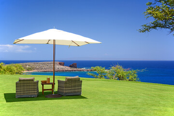 Perfectly manicured golf course. with a gorgeous ocean view on a sunny summer day on Lanai Island...
