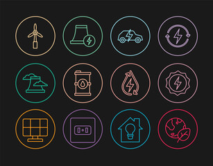 Set line Earth globe and leaf, Lightning bolt, Electric car, Bio fuel barrel, Nuclear power plant, Wind turbine, Water energy and icon. Vector