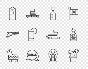 Set line Pinata, Cactus or succulent pot, Tabasco sauce, Hola, Burrito, Tequila glass with lemon, Mexican wrestler and bottle icon. Vector © vector_v